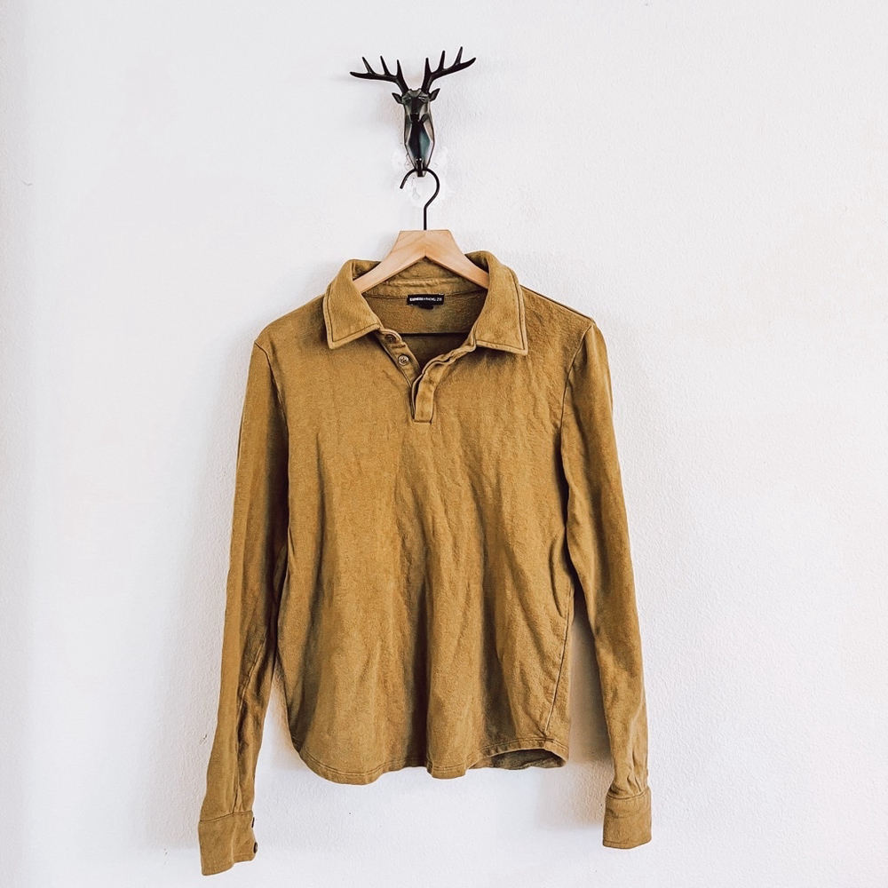 Express x Rachel Zoe Women's Olive/Tan Long Sleeve Polo Shirt Size Small